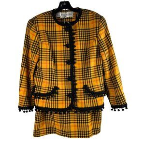 Vintage Bill Blass Wool Skirt Suit – Mustard Yellow Plaid 90s Clueless Vibes
